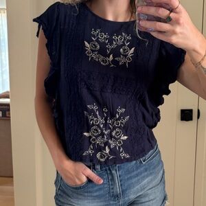 American Eagle Outfitters Navy Blue Embroidered Short Sleeve Top